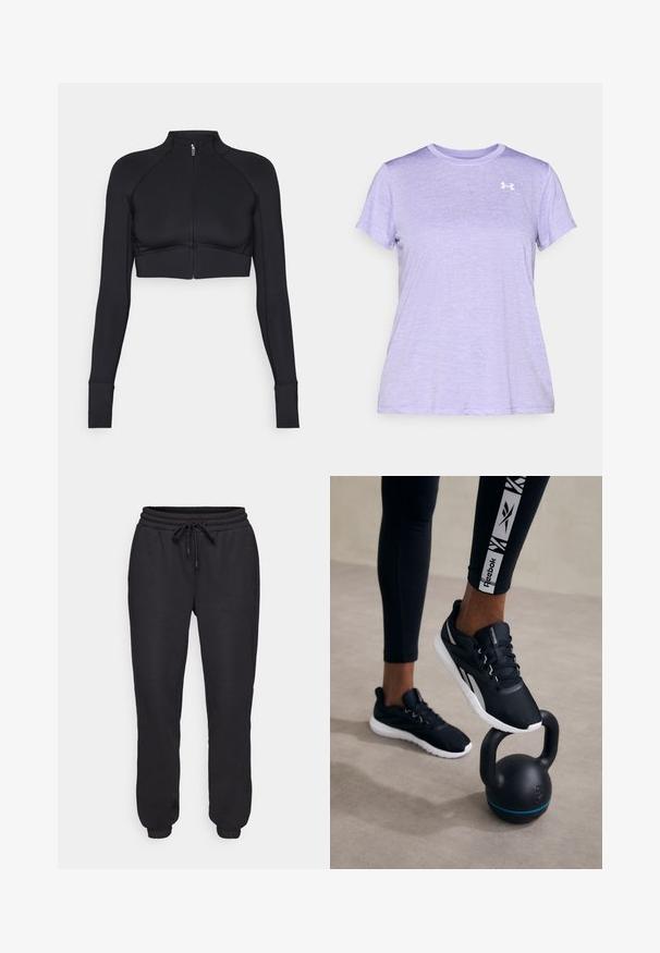 Melna īsā jaka, kas izgatavota no elastīga materiāla, ar augstu apkakli, garām piedurknēm, pilnu priekšējo rāvējslēdzēju un plakaniem šuvēm.; Svārku lilas krāsas īsām piedurknēm sporta T-krekls, izgatavots no mīkstas, teksturētas auduma, ar apaļu kakla izgriezumu un nelielu baltu logo uz krūtīm.; Melni sporta bikses, kas izgatavotas no mīksta materiāla, ar elastīgu jostu un auklu, sānu kabatām un elastīgiem aproces pie potītēm.; Melni sporta apavi ar struktūrētu augšdaļu, balto zoli un pelēkiem akcentiem, novietoti uz melna kettlebella ar zilā svītru, uz neitrāla fona.