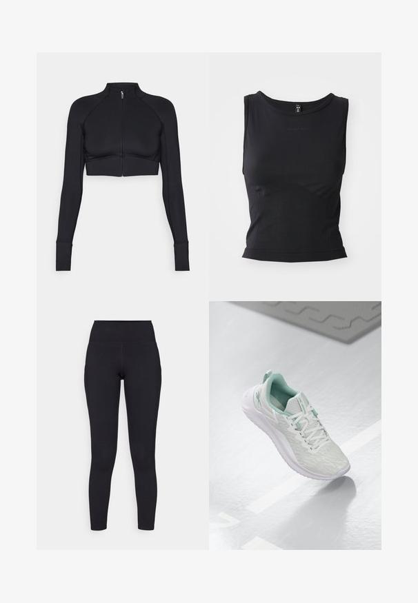 Giacca nera cropped realizzata in materiale elastico, con colletto alto, maniche lunghe, zip frontale completa e cuciture piatte.; Top atletico senza maniche nero realizzato in tessuto morbido, con scollatura rotonda e una silhouette aderente con dettagli del logo discreti.; Leggings neri a vita alta realizzati in materiale elasticizzato, con una texture liscia e un design aderente che si estende fino alle caviglie.; Scarpa sportiva grigio chiaro con tomaia in maglia testurizzata, dettagli verde menta, lacci bianchi, suola in gomma e linguetta sul tallone.