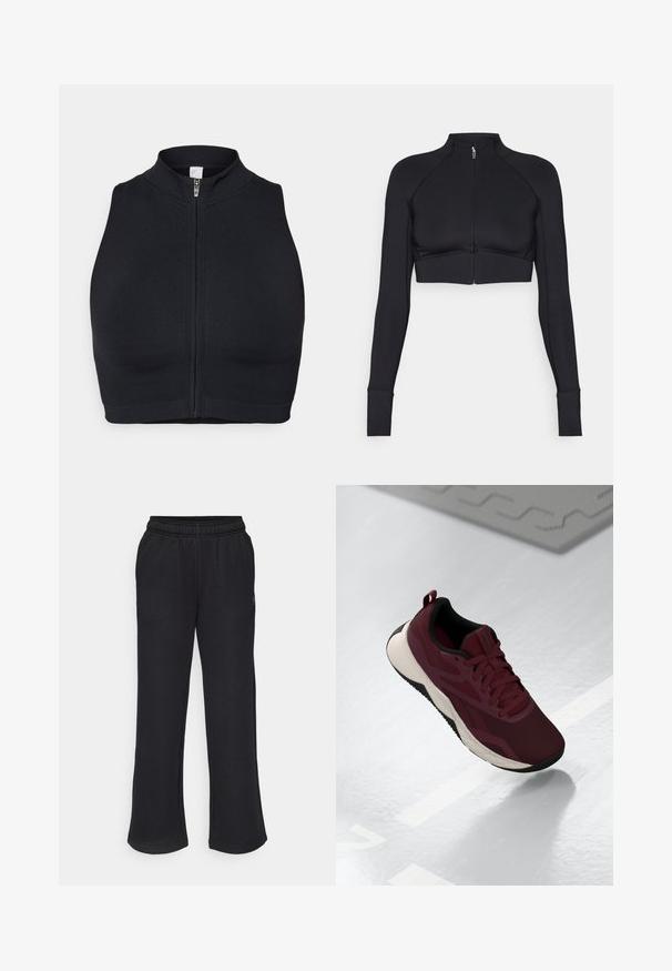 Jaqueta curta preta feita de material elástico, apresentando um colarinho alto, mangas longas, fecho frontal completo e costuras planas.; Top desportivo preto, curto, com gola alta e fecho na frente. Feito de um tecido elástico com uma textura suave e costuras mínimas.; Mangas de desporto pretas com uma forma ampla, cintura elástica e bolsos laterais. Feitas de um tecido macio, sem padrões ou detalhes visíveis.; Sapatilha desportiva bordô com parte superior em malha, detalhes em preto e sola branca acolchoada. Apresenta fecho por atacadores e alça na parte traseira.