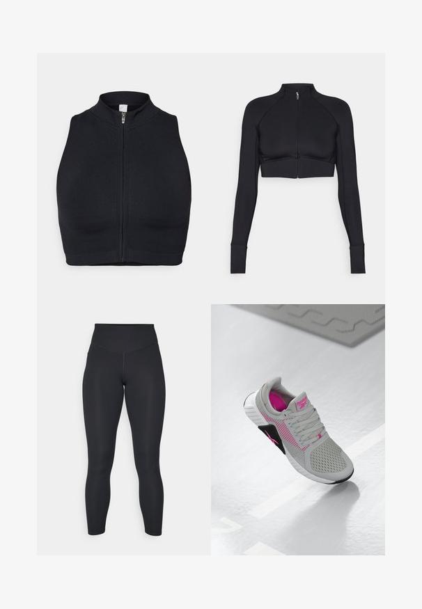 Melna īsā jaka, kas izgatavota no elastīga materiāla, ar augstu apkakli, garām piedurknēm, pilnu priekšējo rāvējslēdzēju un plakaniem šuvēm.; Melna sporta topiņa ar augstu apkakli un priekšējo rāvējslēdzēju. Izgatavota no elastīga auduma ar gludu tekstūru un minimālām šuvēm.; Melnas legingu bikses ar augstu jostasvietu, gludu tekstūru un pielāgotu dizainu. Iezīmē platas šuves un pilna garuma pārklājumu bez rakstiem.; Pelēki un rozā Reebok sporta kedas ar sieta augšdaļu un detalizētu zoli, novietotas uz atstarojošas baltas virsmas.