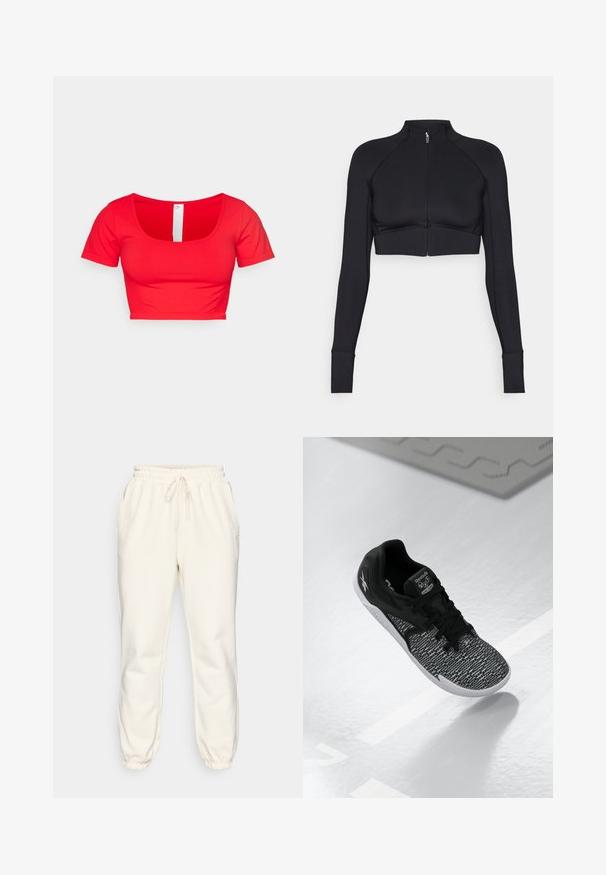 Giacca nera cropped realizzata in materiale elastico, con colletto alto, maniche lunghe, zip frontale completa e cuciture piatte.; T-shirt rossa cropped a maniche corte, con scollatura a giro e tessuto morbido e elasticizzato. Design semplice senza motivi o decorazioni.; Pantaloni della tuta color crema realizzati in tessuto morbido, con una vita elasticizzata con coulisse, tasche laterali e polsini aderenti alla caviglia.; Scarpa sportiva nera con tomaia in mesh testurizzato e a motivo, lacci neri e suola bianca. Presenta il logo Reebok sulla linguetta e sul lato.