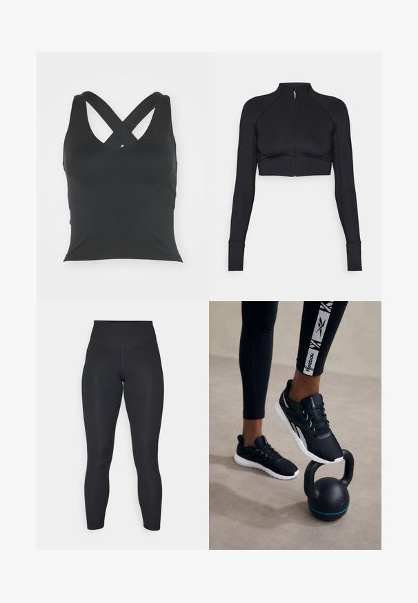Giacca nera cropped realizzata in materiale elastico, con colletto alto, maniche lunghe, zip frontale completa e cuciture piatte.; Top nero senza maniche con scollatura a barca e spalline incrociate sul retro. Realizzato in tessuto liscio con una silhouette aderente e senza decorazioni visibili.; Leggings neri con vita alta, texture liscia e design aderente. Presentano cuciture piatte e copertura completa senza motivi.; Scarpe sportive nere con una parte superiore testurizzata, suola bianca e dettagli grigi, posizionate su un kettlebell nero con una striscia blu, su uno sfondo neutro.