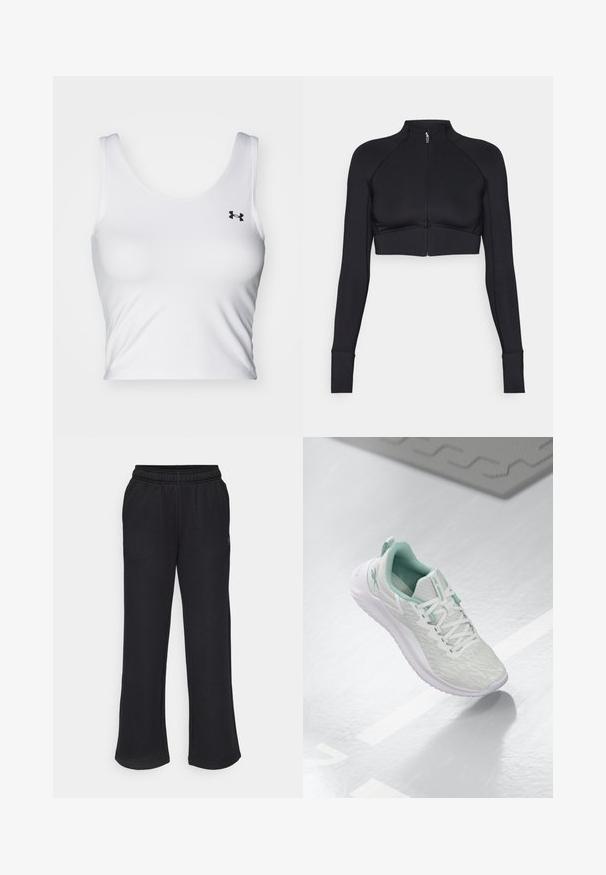 Giacca nera cropped realizzata in materiale elastico, con colletto alto, maniche lunghe, zip frontale completa e cuciture piatte.; Top corto bianco realizzato in un tessuto morbido, caratterizzato da un collo rotondo e spalline sottili. Piccolo logo nero sulla zona sinistra del petto.; Pantaloni sportivi neri con forma a campana, cintura elastica e tasche laterali. Realizzati in tessuto morbido senza motivi o dettagli visibili.; Scarpa sportiva grigio chiaro con tomaia in maglia testurizzata, dettagli verde menta, lacci bianchi, suola in gomma e linguetta sul tallone.