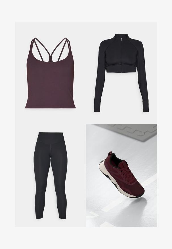 Jachetă neagră scurtă din material elastic, cu guler înalt, mâneci lungi, fermoar complet pe față și cusături plate.; Top fără mâneci de culoare violet închis, realizat dintr-un material neted, cu bretele subțiri și de tip dublu și decolteu rotund. Cordon fără cusături la baza.; Colanți negri cu talie înaltă, textură netedă și design ajustat. Prezintă cusături plate și o acoperire completă, fără modele.; Shoe sportiv maron cu parte superioară din plasă, accente negre și o talpă albă cu amortizare. Prezintă închidere cu șireturi și un manșon la călcâi.