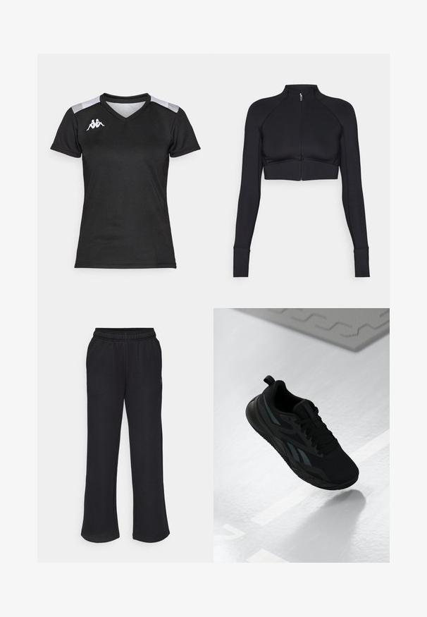 Black cropped jacket made of stretchy material, featuring a high collar, long sleeves, full front zipper, and flat seams.; Black athletic shirt with short sleeves. Features a V-neck design, gray shoulder accents, and a white logo on the left chest. Smooth texture.; Black sweatpants with a flared shape, elastic waistband, and side pockets. Made from soft fabric with no visible patterns or accents.; Black athletic shoe with a mesh upper, featuring textured accents and a flat sole shape. Includes tonal branding and a pull tab at the heel.