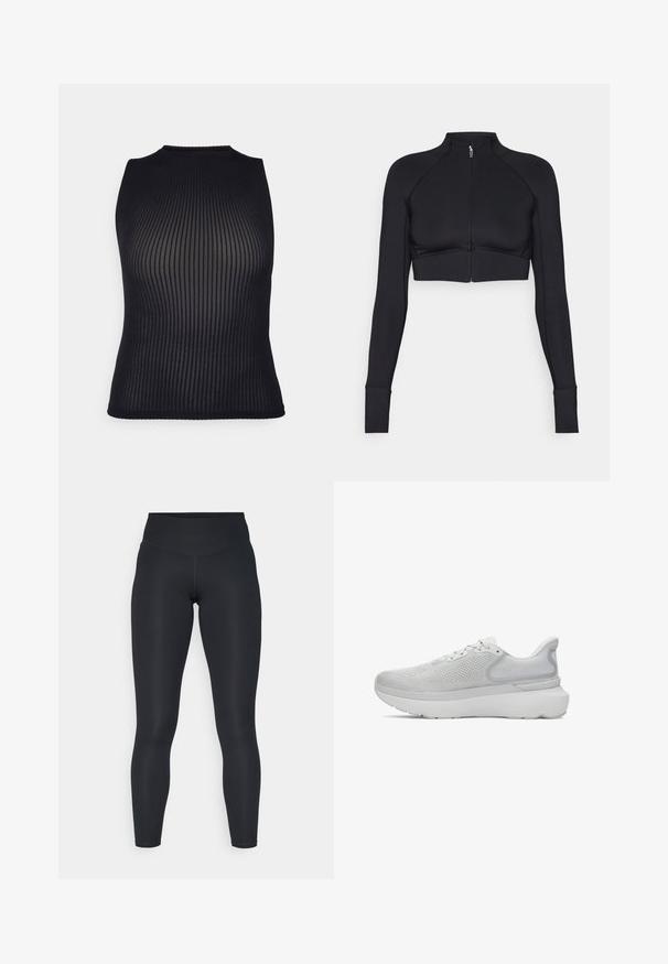 Čierna skrátená bunda vyrobená z elastického materiálu, s vysokým golierom, dlhými rukávmi, celoplošným zipsom a plochými švami.; Čierny rebrovaný pletený top bez rukávov s vysokým výstrihom a textúrovaným detailom, ktorý má priliehavý strih kontúrujúci telo.; Čierne legíny vyrobené z elastickej tkaniny, s vysokým pásom, hladkou textúrou a prispôsobivým strihom. Žiadne viditeľné vzory ani kovové prvky.; Svetlosivé atletické topánky s priedušným sieťovinovým zvrškom, zaoblenou špičkou, polstrovanou podrážkou a decentným logom na päte.