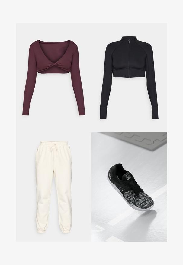 Chaqueta corta negra hecha de material elástico, con cuello alto, mangas largas, cremallera frontal completa y costuras planas.; Top corto de manga larga en burdeos profundo, elaborado con una tela suave, que presenta un diseño de frente retorcido y un escote en V amplio.; Sudadera de color crema hecha de tejido suave, con cinturilla elástica y cordón, bolsillos laterales y puños ajustados en los tobillos.; Zapato deportivo negro con una parte superior de malla texturizada y con patrón, cordones negros y suela blanca. Presenta el logotipo de Reebok en la lengüeta y en el lateral.