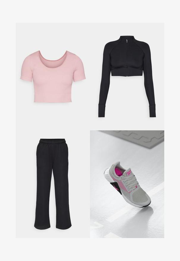 Crna skraćena jakna od rastezljivog materijala, s visokim ovratnikom, dugim rukavima, punim prednjim patentnim zatvaračem i ravnim šavovima.; Roze rebrasti kratki top s kratkim rukavima sa zaobljenim izrezom i prijanjajući siluetom. Glatka tekstura s čistim i jednostavnim dizajnom.; Crne trenirke s razvedrenim oblikom, elastičnim pojasom i bočnim džepovima. Izrađene od mekog materijala bez vidljivih uzoraka ili akcenta.; Sive i ružičaste Reebok atletske tenisice s gornjim dijelom od mrežaste tkanine i detaljnim potplatom, prikazane na reflektirajućoj bijeloj površini.