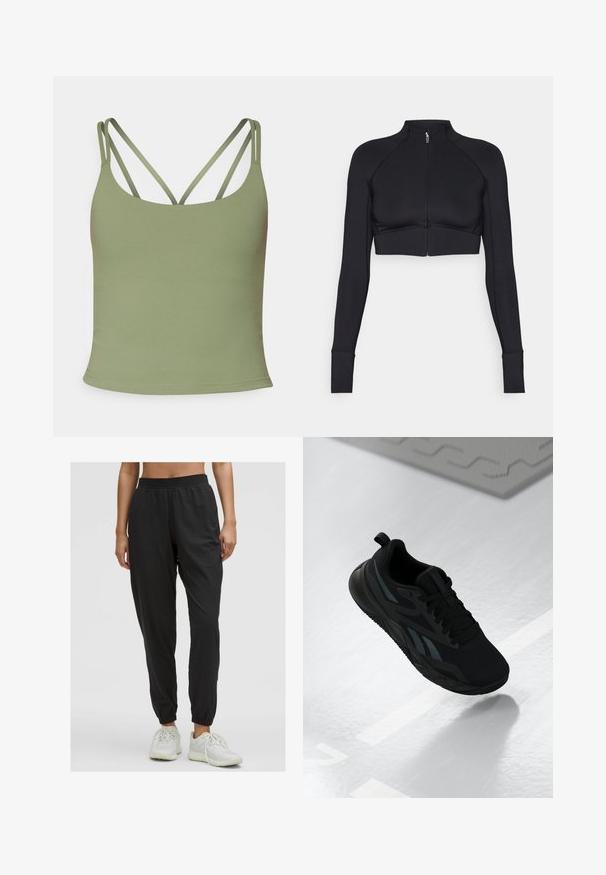 Svart kort jacka i elastiskt material med hög krage, långa ärmar, fullständig frontdragkedja och platta sömmar.; Olivgrön linne med en figurnära design, med tunna justerbara band och en slät, elastisk textur. Minimalistisk stil utan mönster.; Svarta lätta joggarbyxor med elastisk midja, sidfickor och smalnande muddar. Tillverkade av andningsbart tyg med en jämn textur.; Svart sportskor med ovandel i mesh, med texturerade detaljer och platt sula. Inkluderar tonad logotyp och en dragflik vid hälen.