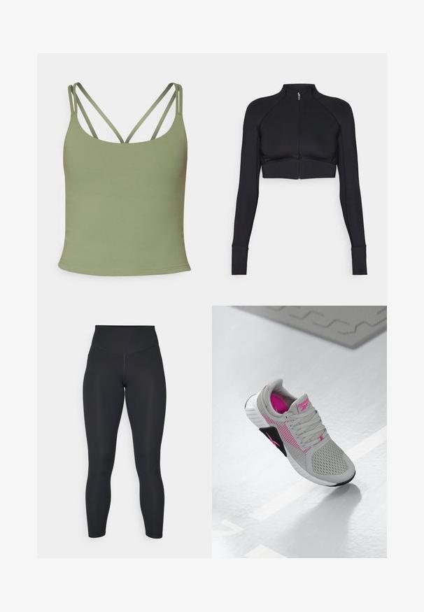 Schwarze, verkürzte Jacke aus elastischem Material, mit hohem Kragen, langen Ärmeln, vollem Reißverschluss und flachen Nähten.; Olivenfarbene Tanktop mit taillierter Passform, dünnen verstellbaren Trägern und einer glatten, dehnbaren Textur. Minimalistischer Stil ohne Muster.; Schwarze Leggings mit hoher Taille, glatter Textur und tailliertem Design. Verfügt über flache Nähte und eine knöchellange Abdeckung ohne Muster.; Graue und rosa Reebok Sportschuhe mit Mesh-Obermaterial und detaillierter Sohle, auf einer reflektierenden weißen Fläche präsentiert.