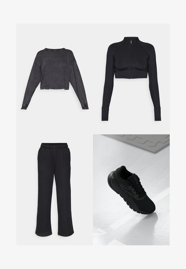 Black cropped jacket made of stretchy material, featuring a high collar, long sleeves, full front zipper, and flat seams.; Black cropped long-sleeve sweatshirt with a textured finish and a round neck. Features a small logo on the left chest and ribbed cuffs.; Black sweatpants with a flared shape, elastic waistband, and side pockets. Made from soft fabric with no visible patterns or accents.; Black athletic shoe featuring a mesh upper, round toe, cushioned sole, and textured accents, positioned on a smooth white surface.