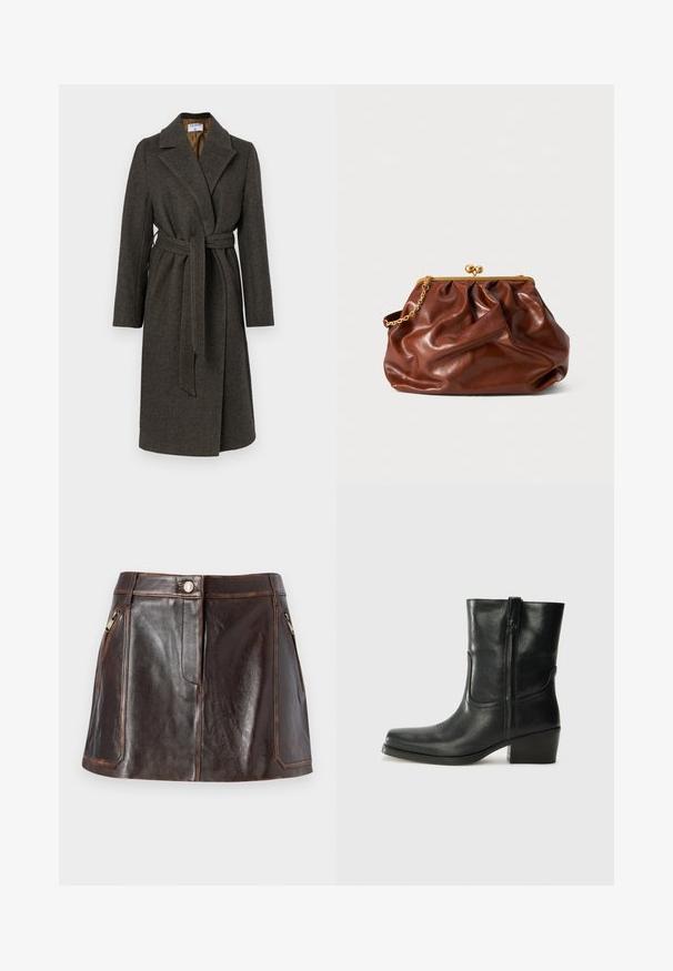 Donkergrijze wollen jas met een wikkelontwerp, een notch-kraag, lange mouwen en een stoffen riem. Bevat een subtiele visgraattextuur.; Beige gebreide trui met een half-rits kraag, geribbeld textuur en lange mouwen. Heeft een cropped pasvorm en een zachte, warme stof.; Bordeaux satijnen overhemd met lange mouwen, puntige kraag en knoopsluiting aan de voorkant, plat weergegeven tegen een witte achtergrond.; Bruine leren mini-rok met een slank ontwerp, twee ritszakken aan de zijkanten en contrasterende steken langs de randen.; Zwarte leren enkellaars met een ronde neus, blokhak, zijrits en stikselaccenten op de wreef. Gladde textuur, klassiek ontwerp.; Bruine leren clutch met een gouden sluiting en een korte gouden schakelhandle, met een zachte, geplooide textuur op een witte achtergrond.