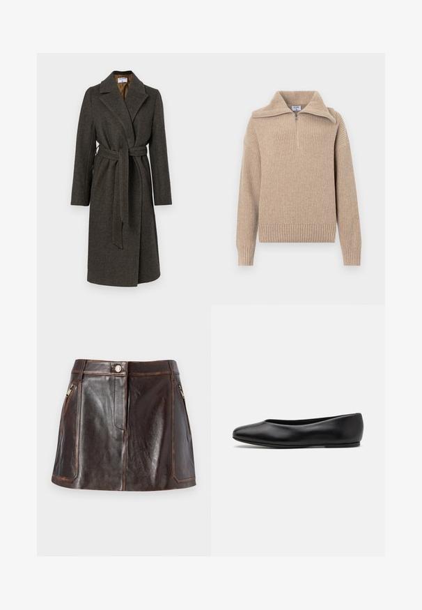 Dunkelgrauer Wollmantel mit Wickeldesign, schmalem Kragen, langen Ärmeln und einem Stoffgürtel. Verfügt über eine subtile Fischgrätenstruktur.; Beige gestrickter Pullover mit einem halbseitigen Reißverschlusskragen, gerippter Textur und langen Ärmeln. Hat eine verkürzte Passform und einen weichen, warmen Stoff.; Langarm-Hemd aus burgunderrotem Satin mit spitzem Kragen und durchgehender Knopfleiste, flach auf weißem Hintergrund präsentiert.; Brauner Leder-Minirock mit einem eleganten Design, zwei mit Reißverschluss versehenen Seitentaschen und kontrastierenden Nähten entlang der Kanten.; Paul Smith TOPANGA - Klassischer Ballerina - black