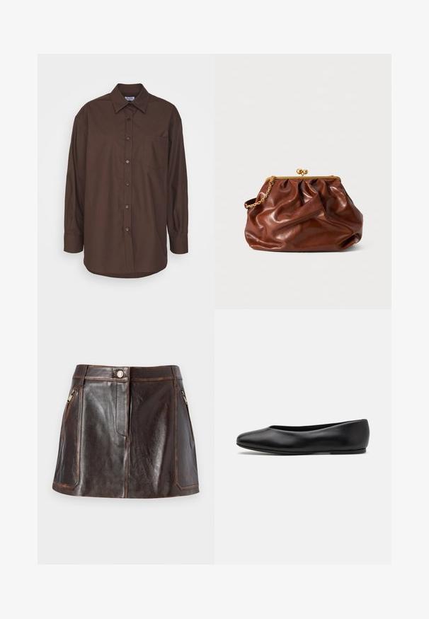 Czarny szary wełniany płaszcz o designie z zakładką, z wykładanym kołnierzem, długimi rękawami i materiałowym paskiem. Posiada subtelną teksturę w jodełkę.; Beżowy sweter z dzianiny z kołnierzem na pół-zamek, prążkowaną fakturą i długimi rękawami. Charakteryzuje się krótkim fasonem oraz miękkim, ciepłym materiałem.; Brązowa koszula z długim rękawem, z kołnierzykiem na guziki, kieszonką na piersi i zaokrąglonym dołem. Wykonana z tkaniny o gładkiej teksturze.; Brązowa skórzana mini spódnica o eleganckim wzornictwie, z dwoma bocznymi kieszeniami zapinanymi na zamek i kontrastowymi szwami wzdłuż krawędzi.; Paul Smith TOPANGA czarny; Brązowa skórzana torebka typu kopertówka z złotą klapą i krótkim złotym łańcuszkiem, o miękkiej, marszczonej fakturze na białym tle.