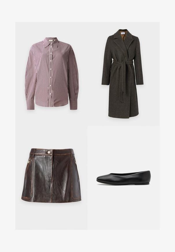 Dark gray wool coat with a wrap design, notched collar, long sleeves, and a fabric belt. Features a subtle herringbone texture.; Beige knitted sweater with a half-zip collar, ribbed texture, and long sleeves. Features a cropped fit and a soft, warm fabric.; Long-sleeved button-up shirt featuring a maroon and white vertical striped pattern, with a classic collar and cuffed sleeves.; Brown leather mini skirt featuring a sleek design, two zippered side pockets, and contrasting stitching along the edges.; Paul Smith TOPANGA - Ballet pumps - black