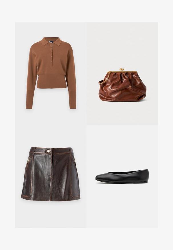 Manteau en laine gris foncé avec un design enroulé, col cranté, manches longues et une ceinture en tissu. Présente une texture chevron subtile.; Pull en tricot brun avec un col, patte de boutonnage à cinq boutons, manches longues et ourlet court. Texture lisse et design ajusté.; Chemise en satin bourgogne à manches longues avec col pointu et boutonnage sur le devant, présentée à plat sur fond blanc.; Jupe mini en cuir marron avec un design épuré, deux poches latérales zippées et des coutures contrastantes sur les bords.; Paul Smith TOPANGA - Ballerines - black; Pochette en cuir marron avec fermoir en doré et une courte anse en chaîne dorée, présentant une texture douce et froncée sur un fond blanc.