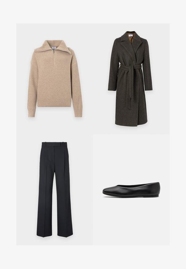 Czarny szary wełniany płaszcz o designie z zakładką, z wykładanym kołnierzem, długimi rękawami i materiałowym paskiem. Posiada subtelną teksturę w jodełkę.; Beżowy sweter z dzianiny z kołnierzem na pół-zamek, prążkowaną fakturą i długimi rękawami. Charakteryzuje się krótkim fasonem oraz miękkim, ciepłym materiałem.; Ciemnoniebieskie spodnie w paski z wysokim stanem, szerokimi nogawkami i bez widocznych elementów metalowych lub ozdób. Gładka tekstura i dopasowany krój.; Paul Smith TOPANGA czarny