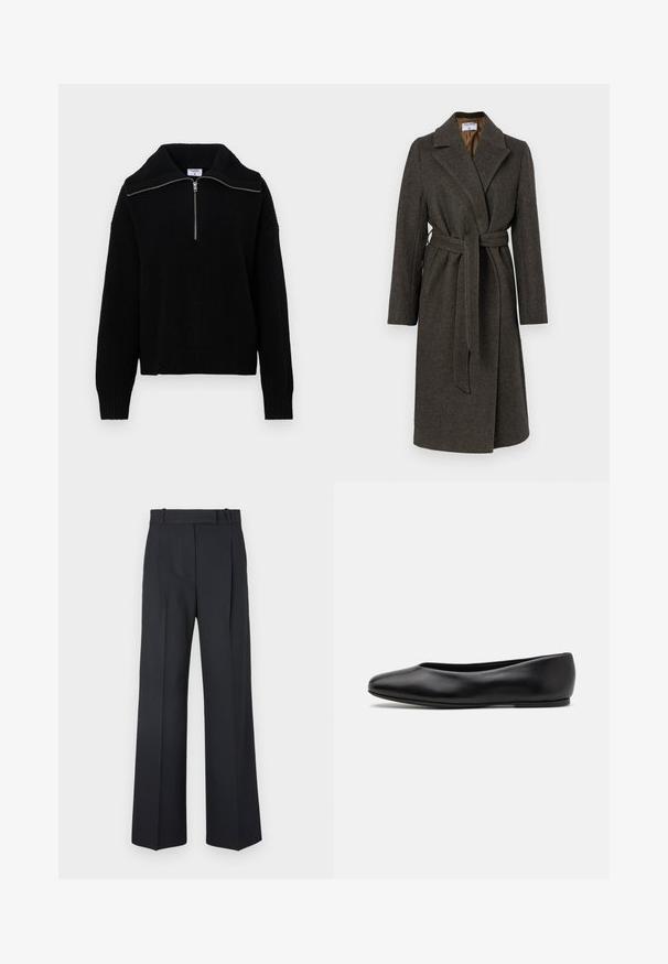Czarny szary wełniany płaszcz o designie z zakładką, z wykładanym kołnierzem, długimi rękawami i materiałowym paskiem. Posiada subtelną teksturę w jodełkę.; Czarny dzianinowy sweter z wysokim kołnierzem i półzamkiem. Posiada prążkowaną fakturę i długie rękawy, zapewniając luźny krój.; Ciemnoniebieskie spodnie w paski z wysokim stanem, szerokimi nogawkami i bez widocznych elementów metalowych lub ozdób. Gładka tekstura i dopasowany krój.; Paul Smith TOPANGA czarny