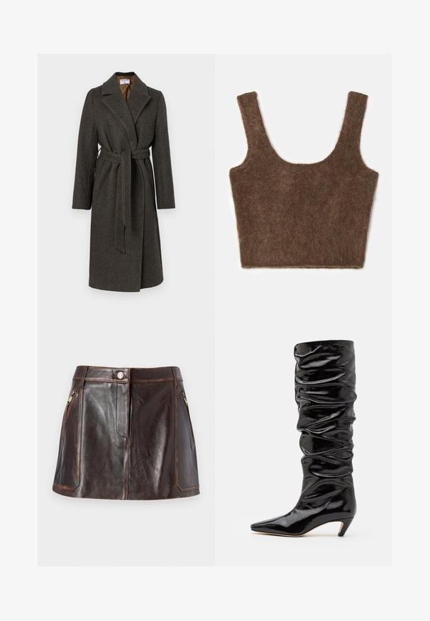 Manteau en laine gris foncé avec un design enroulé, col cranté, manches longues et une ceinture en tissu. Présente une texture chevron subtile.; Débardeur court marron, pelucheux, avec de larges bretelles et un col rond. Texture douce et design simple sans motifs ni embellissements.; Jupe mini en cuir marron avec un design épuré, deux poches latérales zippées et des coutures contrastantes sur les bords.; Botte noire, brillante, haute jusqu'au genou avec une texture froncée, bout pointu et un petit talon conique. Matériau lisse avec un subtil éclat.