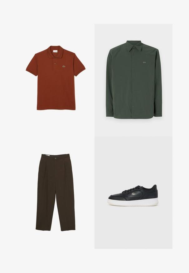 Sötétzöld, hosszú ujjú ing sima anyagból, gombos gallérral és diszkrét logóval a bal mellen.; Lacoste Pólóing - marron shi; Sötétbarna, szabott nadrág elülső redőkkel, övhurkokkal és gombos záródással a deréknál.; Fekete bőrsportcipő fehér talppal, lekerekített orral, fűzős kivitelben, és diszkrét logóval az oldalon. Texturált felsőrész kiemelésekkel.
