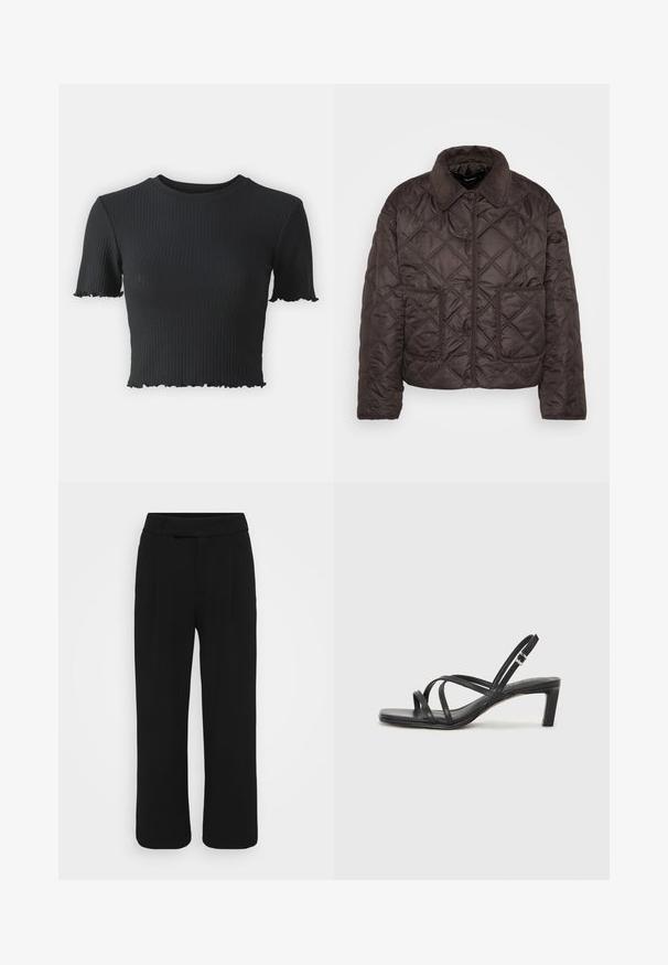 Tmavohnedá prešívaná bunda so cvokovými gombíkmi, dvoma prednými vreckami a golierom z kordu, vystavená na bielom pozadí.; Čierny rebrovaný crop top s krátkymi rukávmi, s okrúhlym výstrihom a rozstrapkaným lemom pre väčšiu textúru. Vyrobené z elastického materiálu.; Čierne nohavice s voľným strihom vyrobené z hladkej tkaniny, s plochým predným dielom, pútkami na opasok a bez viditeľných vreciek. Čistý, prispôsobený dizajn.; Čierne sandále na vysokom podpätku so štvorcovou špičkou a nízkym blokovým podpätkom. Obsahujú viacero tenkých popruhov a nastaviteľný členkový popruh. Vyrobené z hladkej kože.