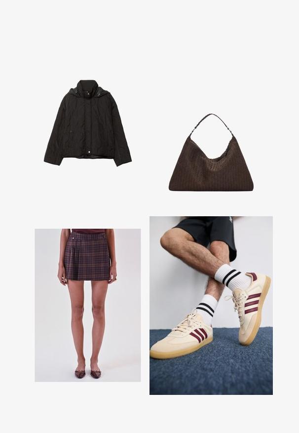 Schwarze gesteppte Jacke mit hohem Kragen, zwei vorderen Taschen und Kapuze. Verfügt über eine glatte Textur und einen Druckknopfverschluss.; Hellgrauer gestrickter Pullover mit hohem Kragen, überschnittenen Schultern und gerippten Bündchen und Saum. Weiche Textur mit einem lässigen Schnitt.; Frau, die einen lila karierten Minirock mit Falten trägt, kombiniert mit einem kastanienbraunen Oberteil und glänzenden kastanienbraunen spitzen Ballerinas mit Schnallen.; Beige Sneakers mit maronenfarbenen Streifen, strukturiertem Obermaterial und Gummisohle, kombiniert mit gerippten weißen Socken mit schwarzen Streifen.; Braune, geflochtene Lederhandtasche mit einer lässigen, dreieckigen Form. Verfügt über einen geflochtenen Griff und einen Reißverschluss an der Oberseite.