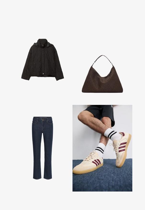 Černá prošívaná bunda s vysokým límcem, dvěma předními kapsami a kapucí. Disponuje hladkou texturou a zapínáním na patentky.; Svetle šedý pletený pulovr s vysokým límcem, spadlými rameny a žebrovanými manžetami a lemem. Měkká textura s uvolněným střihem.; Tmavě modré džíny rovného střihu s předními kapsami, poutky na opasek a knoflíkovým zapínáním.; Béžové tenisky s kaštanovými pruhy, texturovaný svršek a podešev z gumy, spárované s bílými ponožkami s ribbovaným vzorem a černými pruhy.; Hnědá pletená kožená kabelka s uvolněným trojúhelníkovým tvarem. Disponuje spleteným uchem a zipovým uzavíráním na vrchu.
