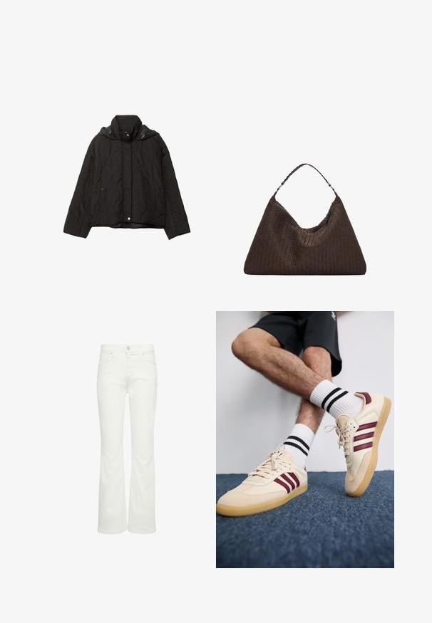 Schwarze gesteppte Jacke mit hohem Kragen, zwei vorderen Taschen und Kapuze. Verfügt über eine glatte Textur und einen Druckknopfverschluss.; Hellgrauer gestrickter Pullover mit hohem Kragen, überschnittenen Schultern und gerippten Bündchen und Saum. Weiche Textur mit einem lässigen Schnitt.; Weiße Schlagjeans aus Denim, ausgestattet mit fünf Taschen, Gürtelschlaufen und einem vorderen Knopfverschluss. Glatte Textur ohne Muster.; Beige Sneakers mit maronenfarbenen Streifen, strukturiertem Obermaterial und Gummisohle, kombiniert mit gerippten weißen Socken mit schwarzen Streifen.; Braune, geflochtene Lederhandtasche mit einer lässigen, dreieckigen Form. Verfügt über einen geflochtenen Griff und einen Reißverschluss an der Oberseite.