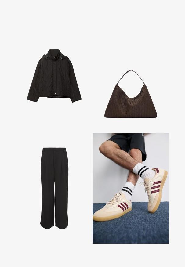Schwarze gesteppte Jacke mit hohem Kragen, zwei vorderen Taschen und Kapuze. Verfügt über eine glatte Textur und einen Druckknopfverschluss.; Hellgrauer gestrickter Pullover mit hohem Kragen, überschnittenen Schultern und gerippten Bündchen und Saum. Weiche Textur mit einem lässigen Schnitt.; Schwarze weit geschnittene Hosen mit glatter Textur, gefaltetem Vorderteil, seitlichen Taschen und tailliertem Bund für eine entspannte, aber strukturierte Passform.; Beige Sneakers mit maronenfarbenen Streifen, strukturiertem Obermaterial und Gummisohle, kombiniert mit gerippten weißen Socken mit schwarzen Streifen.; Braune, geflochtene Lederhandtasche mit einer lässigen, dreieckigen Form. Verfügt über einen geflochtenen Griff und einen Reißverschluss an der Oberseite.