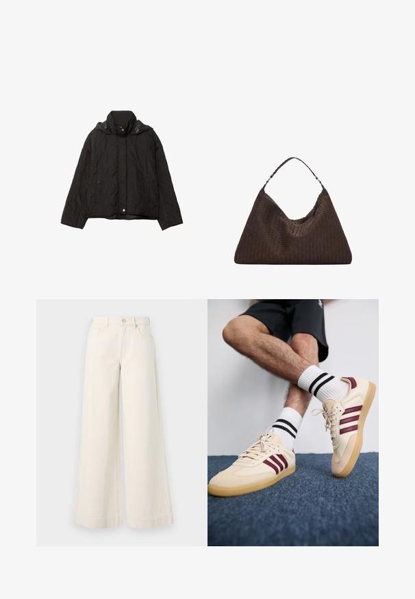 Črna prešita jakna z visokim ovratnikom, dvema sprednjima žepoma in kapuco. Ima gladko teksturo in zapiranje na gumb.; Svjetlosiva pletena pulover s visokom ovratnikom, spuštenim ramenima te rebrastim manžetama i rubom. Mekani materijal s ležernim krojem.; Široke, svetlo bež traper hlače z visokim pasom, dvema sprednjima žepoma, gumbom za zapiranje in subtilnimi šivi.; Bež tene z maroon črtami, teksturirano zgornje, in gumijastim podplatom, v kombinaciji z rebrastimi belimi nogavicami z črnimi črtami.; Rjava tkana usnjena torbica s sproščenim, trikotnim oblikovanjem. Ima pleten ročaj in zadrgo na vrhu.
