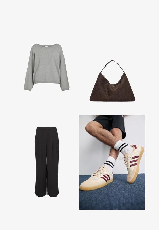 Zwarte gewatteerde jas met een hoge kraag, twee voorzakken en een capuchon. Heeft een gladde textuur en een drukknoopsluiting.; Grijze gebreide trui met een relaxte pasvorm, brede halslijn en lange mouwen. Ribgebreide zoom en manchetten. Zachte textuur met een minimalistisch ontwerp.; Zwarte wijde broek met een gladde textuur, geplooide voorkant, zijzakken en een op maat gemaakte tailleband voor een relaxte maar gestructureerde pasvorm.; Beige sneakers met bordeauxrode strepen, een gestructureerde bovenkant en een gumrubberen zool, gecombineerd met geribde witte sokken met zwarte strepen.; Bruine geweven leren handtas met een slonzig, driehoekig model. Voorzien van een gevlochten handvat en een ritssluiting aan de bovenkant.