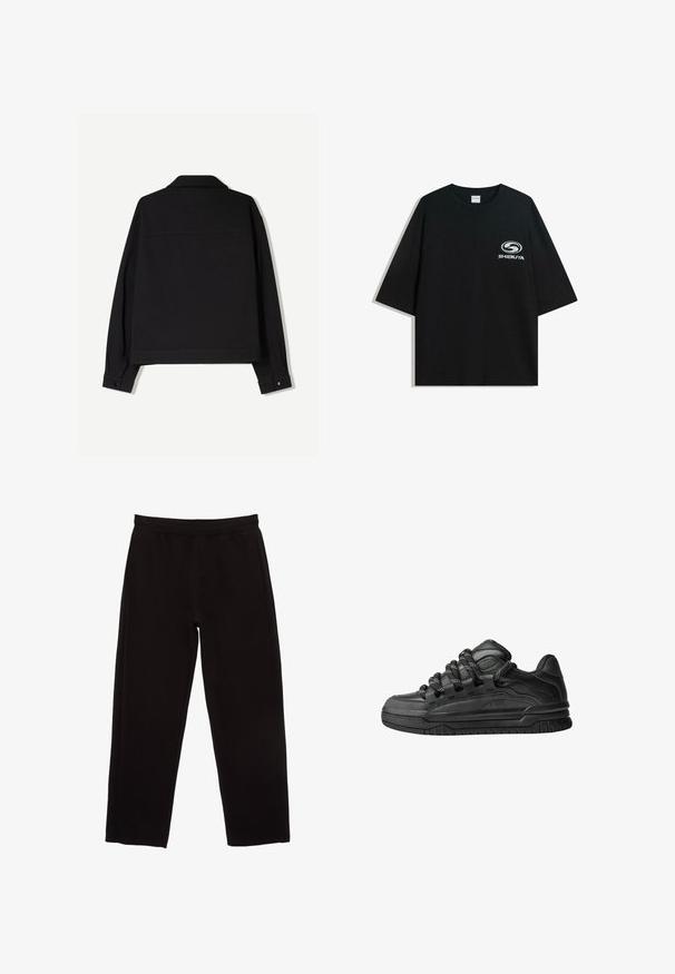 Mustaa kangasta oleva takki, jossa on pitkät hihat, kaulus ja napitettu hihansuu. Takissa on yksivärinen ilme ja suora leikkaus.; Mustat ylipitkät puuvillapaidat, joissa on pyöreä kaula-aukko ja lyhyet hihat, etuosassa valkoinen "Shibuya" -logo.; Mustat collegehousut, jotka on valmistettu puuvillasta ja joissa on joustava vyötärö, suorat lahkeet sekä ei näkyviä taskuja tai koristeita.; Mustat tennarit, joissa on sileä nahkapinta, teksturoituja yksityiskohtia ja pyöreät musta-valkoiset nauhat. Paksu kumipohja, jossa on kuvioitu pinta.