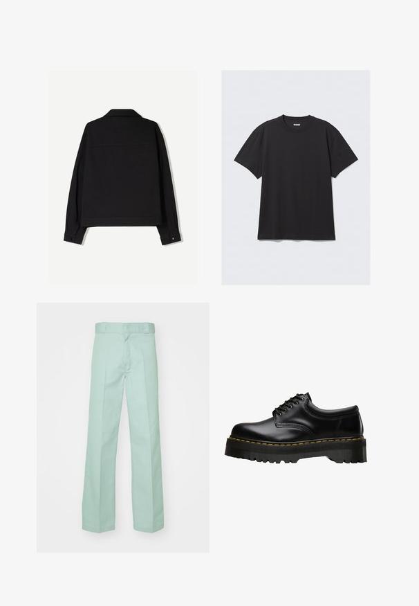 Fekete szövetdzseki hosszú ujjakkal, gallérral és gombos mandzsettákkal. Egyszínű és egyenes vonalú dizájn jellemzi.; Fekete, rövid ujjú póló, pamutból készült. Kerek nyakkivágással és laza szabással rendelkezik. Egyszerű dizájn, melyen nincsenek minták vagy díszítések.; Világoszöld, egyenes szabású pamut nadrág sima textúrával, standard derékkal és övhurkokkal.; Fekete bőr fűzős cipő, vastag, fogazott fekete gumitalppal és sárga varrással a széleken, sima felülettel.