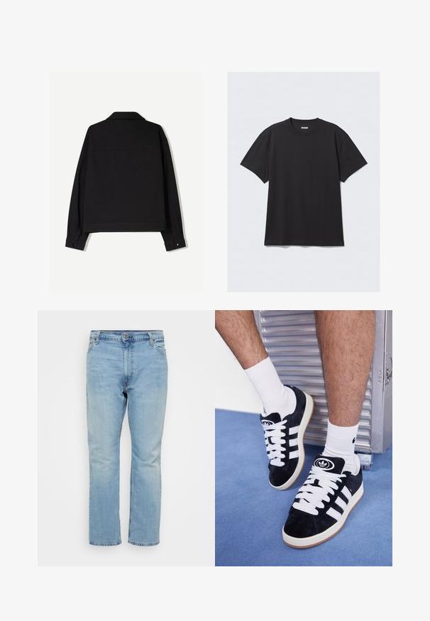 Črna jakna iz tkanine z dolgimi rokavi, ovratnikom in gumbi na manšetah. Ima enotno barvo in ravno krojeno zasnovo.; Crna majica s kratkimi rokavi iz bombaža. Ima okroglo ovratnik in sproščen kroj. Preprost dizajn brez vzorcev ali poudarkov.; Svijetloplave traperice s ravnim krojem, koje imaju srednje visok struk, pet džepova i kontrastne šavove.; Črne semiš teniske z belimi vezalkami in tremi belimi črtami. Imajo okroglo črno oznako na jezičku in gumijast podplat.