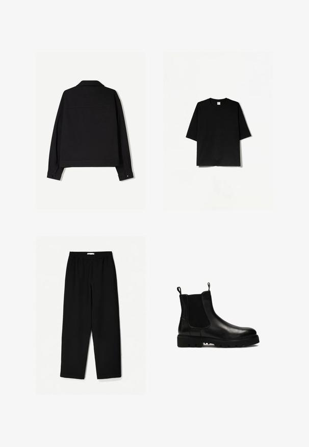 Mustaa kangasta oleva takki, jossa on pitkät hihat, kaulus ja napitettu hihansuu. Takissa on yksivärinen ilme ja suora leikkaus.; Mustapaita, jossa lyhyet hihat ja pyöreä pääntie, valmistettu pehmeästä kankaasta. Paidassa on väljähkö, laatikkomainen malli ja minimalistinen muotoilu.; Mustat, leveät lahkeet tehty kevyestä kankaasta. Ominaisuuksiin kuuluu joustava vyötärö ja sileä tekstuuri. Ei näkyviä kuvioita tai kiinnikkeitä.; Mustat nahkaiset Chelsea-bootit, joissa on joustavat sivupaneelit, vetonauhat ja tukeva kumipohja, jossa on selkeät kuvioinnit.