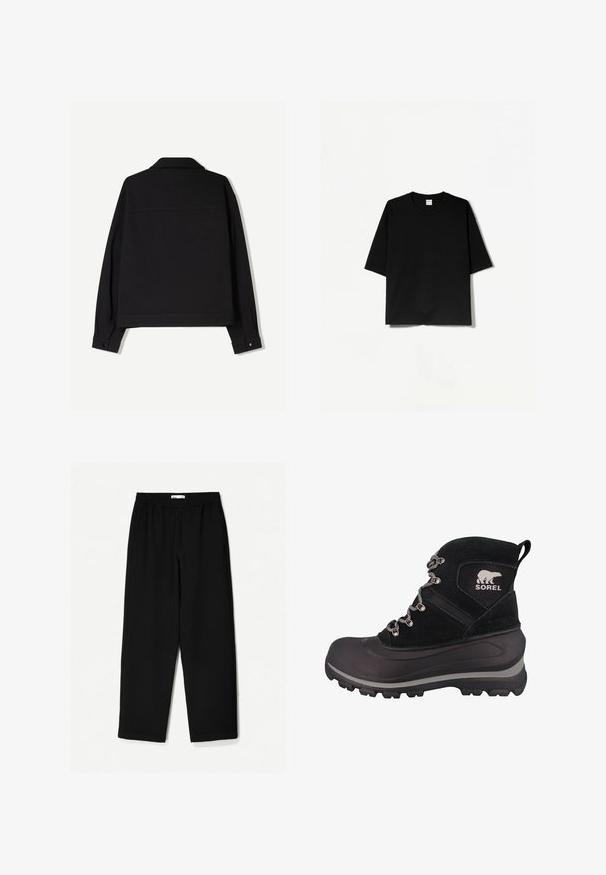 Fekete szövetdzseki hosszú ujjakkal, gallérral és gombos mandzsettákkal. Egyszínű és egyenes vonalú dizájn jellemzi.; Fekete, rövid ujjú póló, kerek nyakkivágással, puha anyagból készült, laza, téglalap alakú szabású és minimális dizájnnal rendelkezik.; Fekete, bő szárú nadrág könnyű anyagból. Rugalmas derékrésszel és sima felülettel rendelkezik. Nincsenek látható minták vagy hardverelemek.; Fekete téli csizma texturált nubukbőrből készült felsőrésszel, gumitalppal, fém részletekkel és logóval. Magas szárral és tartós fűzős rendszerrel rendelkezik.