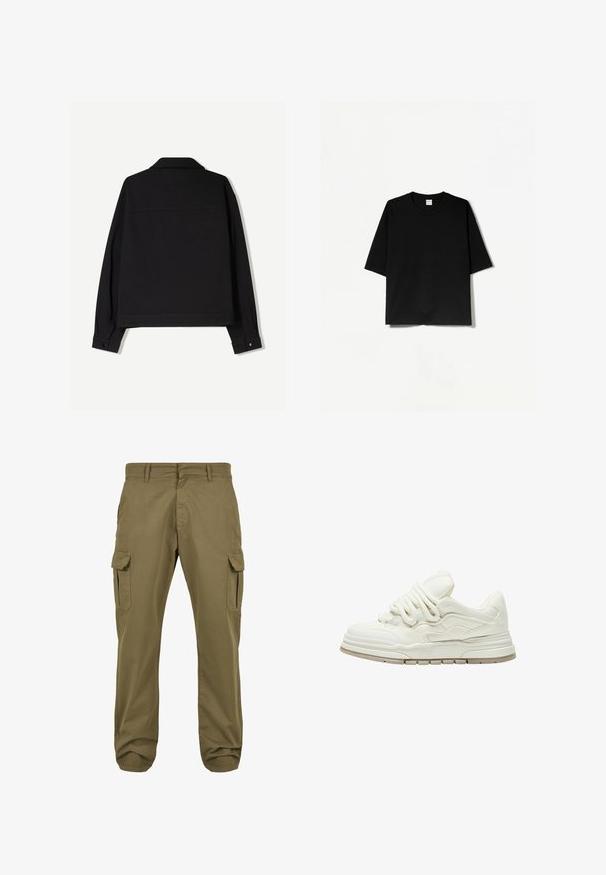 Zwarte stoffen jas met lange mouwen, een kraag en knoopmanchetten. Kenmerkt zich door een effen kleur en een recht gesneden ontwerp.; Zwart T-shirt met korte mouwen en een ronde hals, gemaakt van zachte stof, met een losse, boxy pasvorm en een minimalistisch ontwerp.; Groene cargobroek met rechte pasvorm, gemaakt van katoen, met zijzakken en knoopsluiting voor functionaliteit. Soepele textuur, casual ontwerp.; Witte sneaker met een gestructureerd oppervlak en opvallende veters. Heeft een dikke, gelaagde zool en subtiele ontwerpelementen aan de zijkanten.