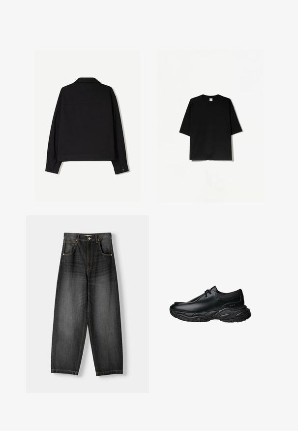 Sort stofjakke med lange ærmer, krave og knaplukning ved håndleddene. Har en ensfarvet stil og en lige skæring.; Sort kortærmet T-shirt med rund hals, lavet af blødt stof, med en løs, boxy pasform og minimalistisk design.; Mørk denim vidde jeans med høj talje, fem lommer, kontrasterende guldstikninger og knaplukning. Flad front og lige ben.; Sorte læder slip-on sko med rund tå og tykk tekstureret gummisål. Har diskret syninger og elastiske detaljer ved kraven.