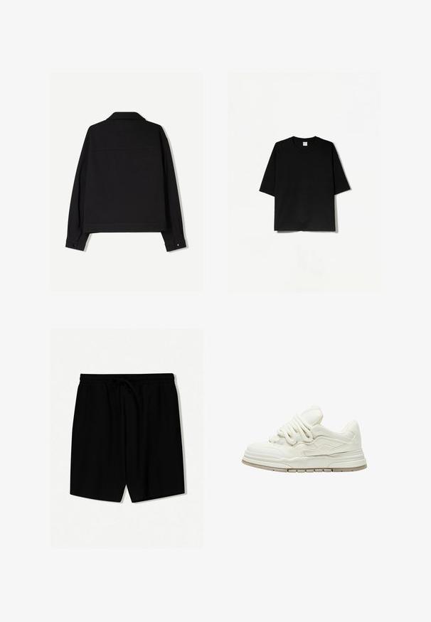 Zwarte stoffen jas met lange mouwen, een kraag en knoopmanchetten. Kenmerkt zich door een effen kleur en een recht gesneden ontwerp.; Zwart T-shirt met korte mouwen en een ronde hals, gemaakt van zachte stof, met een losse, boxy pasvorm en een minimalistisch ontwerp.; Zwarte shorts van lichtgewicht stof met een elastische tailleband met een trekkoord, voorplooien en boven de knie lengte.; Witte sneaker met een gestructureerd oppervlak en opvallende veters. Heeft een dikke, gelaagde zool en subtiele ontwerpelementen aan de zijkanten.