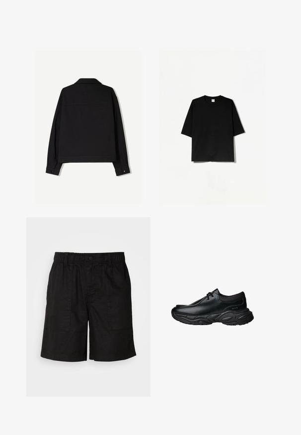 Jachetă din material textil negru, cu mâneci lungi, guler și manșete cu nasturi. Prezintă o culoare uniformă și un design drept.; Tricou negru cu mânecă scurtă, cu decolteu rotund, realizat dintr-un material moale, având o croială lejeră, boxy și un design minimalist.; Șorturi negre cu talie elastică și închidere cu buton. Au două buzunare mari laterale dintr-un material texturat. Design casual.; Pantofi negri din piele, tip slip-on, cu vârf rotunjit și talpă din cauciuc texturat, gros. Prezintă cusături fine și accente elastice la guler.