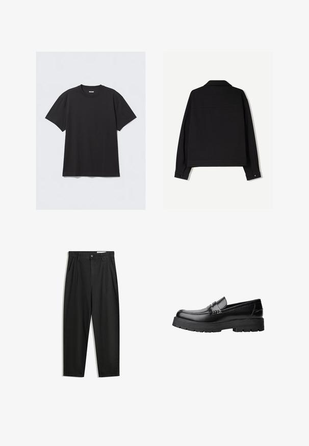 Black fabric jacket with long sleeves, a collar, and buttoned cuffs. Features a solid color and a straight cut design.; Black short-sleeve t-shirt made of cotton. Features a crew neckline and a relaxed fit. Simple design with no patterns or accents visible.; Black cotton trousers with a relaxed fit, featuring a classic waistband, front pleats, and side pockets. Smooth texture without patterns.; Black leather loafer with chunky treaded sole and decorative strap across the upper, shown in left side profile on white background.