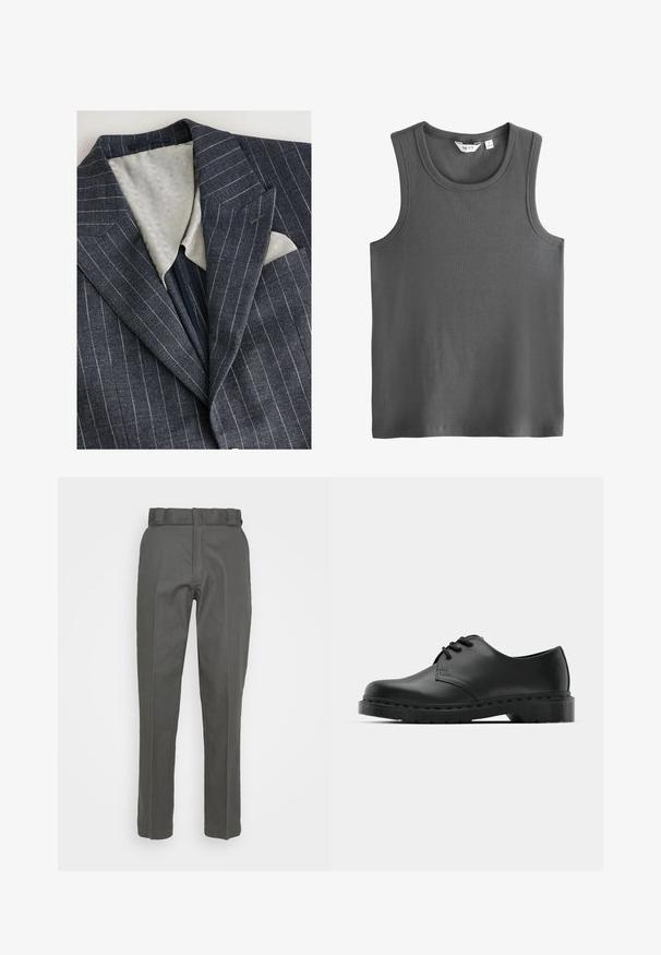 Námořnický modrý blazer s jemným pruhováním, s texturovanou světle šedou podšívkou, klopovými límci a náprsní kapsou, ve které je bílé kapesníky.; Šedé tílko bez rukávů z žebrované látky. Má kulatý výstřih a volný střih bez ozdob nebo vzorů.; Šedé kalhoty se střihovým designem rovného nohavice, vyrobené z hladké tkaniny. Mají pas s poutky na opasek a minimální švy.; Černé kožené oxfordy s šněrováním, zakulacenou špičkou, plochou gumovou podrážkou a jemným prošíváním podél svršku.