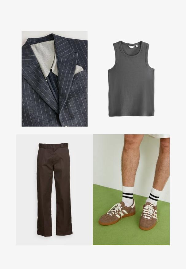 Tummansininen pystysuoraraidallinen bleiseri, jossa on texturoitu vaaleanharmaa vuori, lovilaput ja rintatasku, jossa on valkoinen taskuliina.; Harmaa ribbineuloksesta valmistettu hihaton paita. Siinä on pyöreä pääntie ja leveät kainaloaukot. Kauluksen sisäpuolella on merkki, jossa lukee "NEXT".; Ruskeat housut suoran lahjemuotoilun kanssa, jossa on tasainen etuosa, vyölenkit ja sileä pinta. Yksinkertainen muotoilu ilman kuvioita tai yksityiskohtia.; Ruske nahkate sneakerit valkoisilla korostuksilla ja nauhoilla. Kumi-gumipohja. Yhdistetty valkoisiin sukkiin, joissa on mustia raitoja. Vihreä teksturoitu lattia.