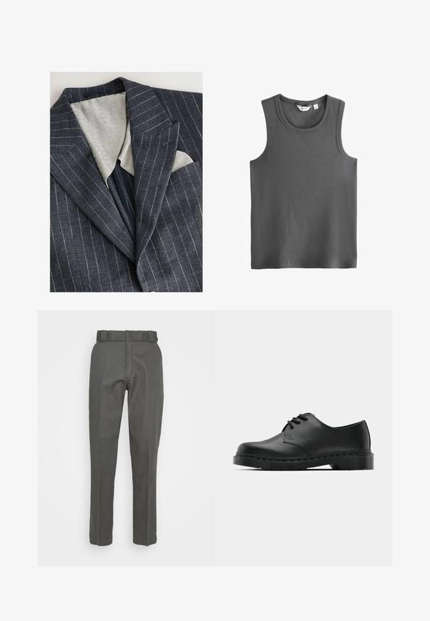 Marineblauw gestreept blazer met een gestructureerde lichtgrijze voering, notch-lapels en een borstzak met een witte pochet.; Grijze mouwloze top van geribbelde stof. Heeft een ronde halslijn en brede armopeningen. Label met de tekst "NEXT" aan de binnenkant van de nek.; Grijze broek met een rechte pijp en gemaakt van een gladde stof. Heeft een tailleband met riemlussen en minimale stikseldetails.; Zwarte leren oxford schoenen met vetersluiting, ronde neus, platte rubberen zool en subtiele stiksel details langs het bovenwerk.