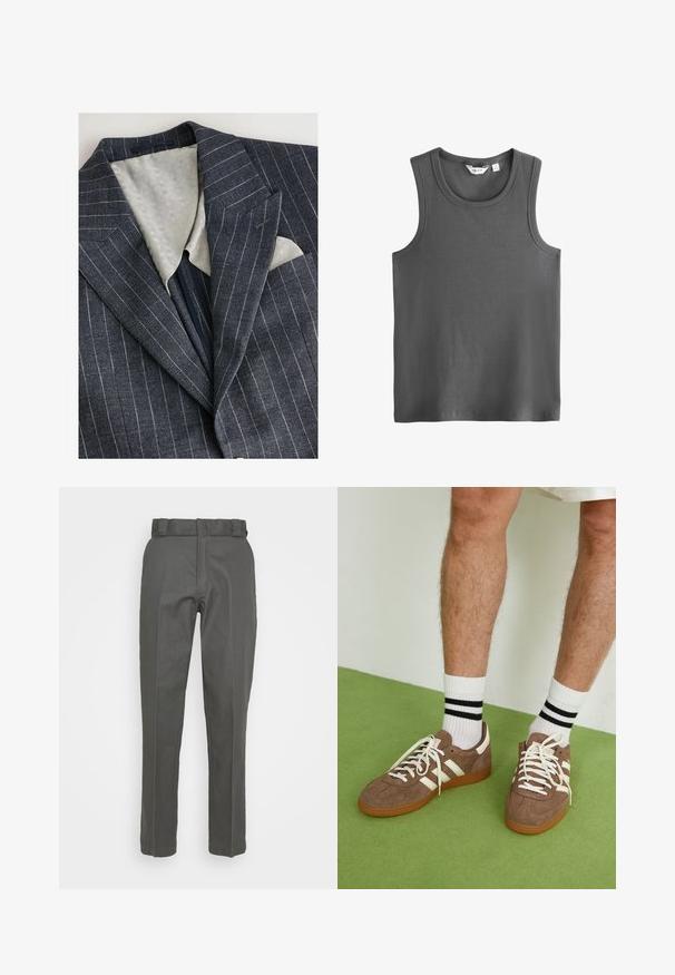 Marineblauw gestreept blazer met een gestructureerde lichtgrijze voering, notch-lapels en een borstzak met een witte pochet.; Grijze mouwloze top van geribbelde stof. Heeft een ronde halslijn en brede armopeningen. Label met de tekst "NEXT" aan de binnenkant van de nek.; Grijze broek met een rechte pijp en gemaakt van een gladde stof. Heeft een tailleband met riemlussen en minimale stikseldetails.; Bruine suède sneakers met witte accenten en veters. Rubberen gumzool. Draag met witte sokken met zwarte strepen. Groene gestructureerde vloer.