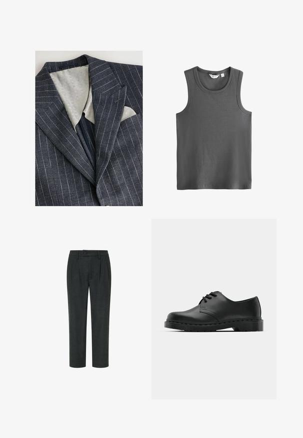 Jūros mėlynos spalvos dryžuota blazeriai su tekstūruotu šviesiai pilku pamušalu, išpjautais atlapais ir krūtine kišene, kurioje matomas baltas kišeninis rankšluostis.; Pilkas be rankovių viršus, pagamintas iš riboto audinio. Turi apvalų kaklo iškirpimą ir plačius rankovių angas. Ant kaklo vidinės pusės etikėtė su užrašu „NEXT“.; Tamsiai pilki pritaikyti kelnių su tiesia kojomis dizainu, su viena sagute uždarymo ir priekinėmis klostėmis, pagaminti iš tekstūruoto audinio.; Juodos odinės oksfordo bateliai su raištelių užsegimu, apvaliu pirštu, plokščiu guminiu padu ir subtiliu siuvimo akcentu viršuje.