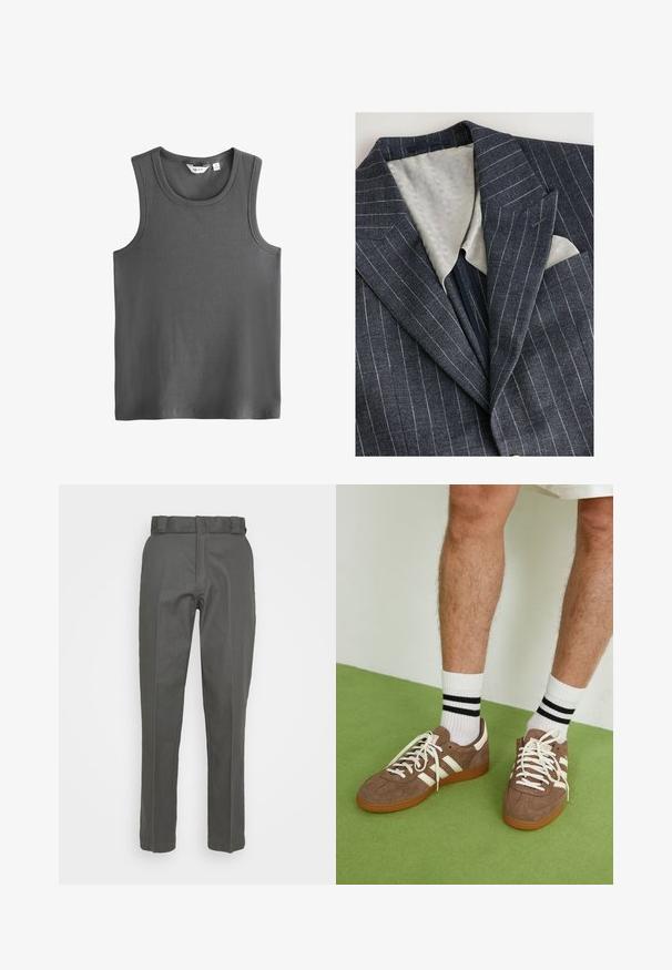 Blazer a righe blu navy con fodera grigia chiara testurizzata, rever a punta e taschino sul petto che mostra un fazzoletto bianco.; Top grigio senza maniche realizzato in tessuto a coste. Presenta una scollatura tonda e ampi spacchi per le braccia. L'etichetta all'interno del collo riporta la scritta "NEXT".; Pantaloni grigi con un design a gamba dritta, realizzati in un tessuto morbido. Presentano una vita con passanti per cintura e dettagli di cucitura minimi.; Sneaker in suede marrone con dettagli e lacci bianchi. Suola in gomma color gomma. Indossati con calzini bianchi con righe nere. Pavimento verde texturizzato.
