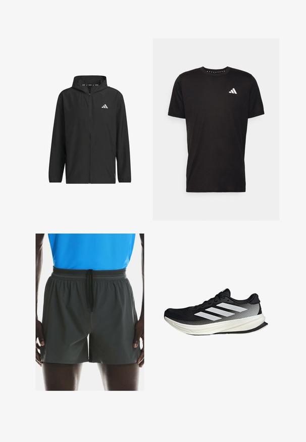 Schwarze, leichte Zip-Jacke mit Kapuze, ausgestattet mit einem silbernen Logo, glatter Textur und elastischen Bündchen.; Schwarzes Baumwoll-T-Shirt mit kurzen Ärmeln, Rundhalsausschnitt und einem weißen Logo auf der linken Brust. Glatte Textur und einfaches Design.; Herren Badehose in Dunkelgrau mit elastischem Bund und Kordelzug. Glatte Textur, Oberschenkel-lange Schnittführung und seitliche Schlitze für Beweglichkeit.; Schwarzer Sportschuh mit einem Mesh-Design, ausgestattet mit weißen Streifen, einer runden Zehenpartie und einer strukturierten Sohle für Grip und Unterstützung.