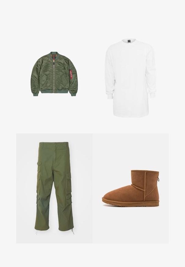 Oliven grøn bomberjakke lavet af skinnende nylon, med ribbede manchetter og talje, to frontlommer og en lynlåslomme på ærmet med et rødt mærke.; Langærmet hvid bomulds t-shirt med rund halsudskæring, løs pasform og ribbede manchetter. Enkel design, ingen grafik eller mønstre.; Olivenfarvede cargo bukser lavet af bomuld, med sidelommer, knaplukning, lige pasform og justerbare afslutninger for en tilpasselig længde.; Brune ruskindsankelstøvle med rund tå, fleksibel gummisål og forstærket sømdetaljering. Inkluderer en trækflap på bagsiden.