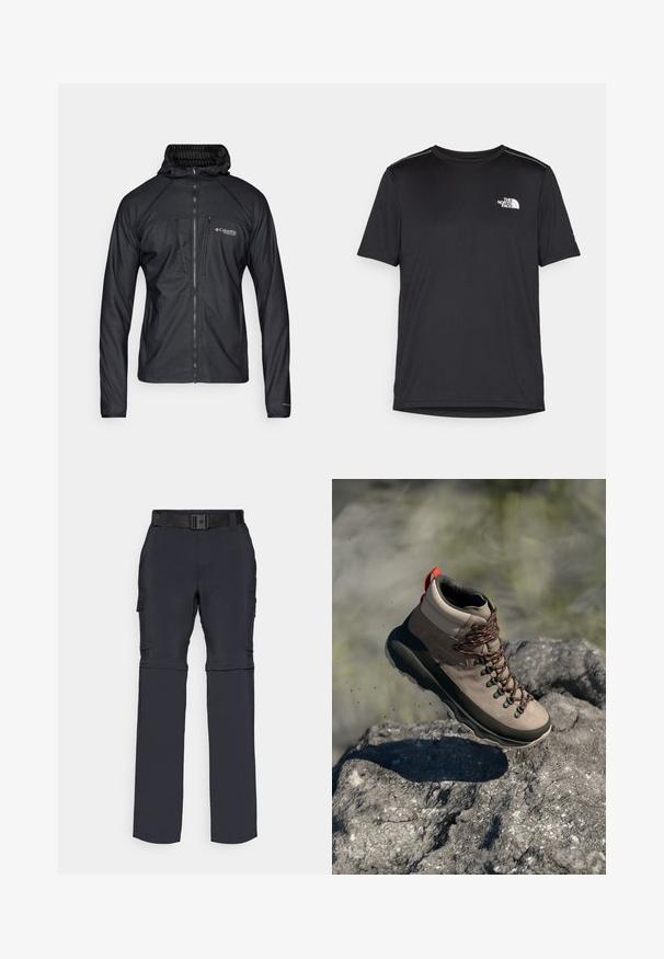Črna jakna Columbia Titanium s kapuco in polnim zadrgo, z žepom na prsih in teksturirano tkanino na nevtralni podlagi.; Črna kratkosleevena majica iz lahkotnega materiala. Ima majhen bel logo na levem prsnem delu in diskretne poudarke na ramenskem predelu.; Cargo hlače iz temnega blaga z pasom, ki imajo žepke na straneh, ravne hlačnice in gladko teksturo.; Pohodni čevlji iz taupe zamškennen in temnega gumijastega podplata, z rdečimi dodatki, kovinskimi očesci in oranžnimi vezalkami, postavljeni nad skalnato površino.